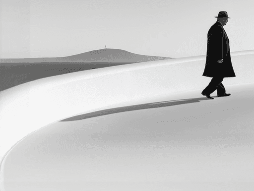 Minimalist monochrome artwork featuring a man walking through a stark surreal landscape with distant hills and sharp shadows