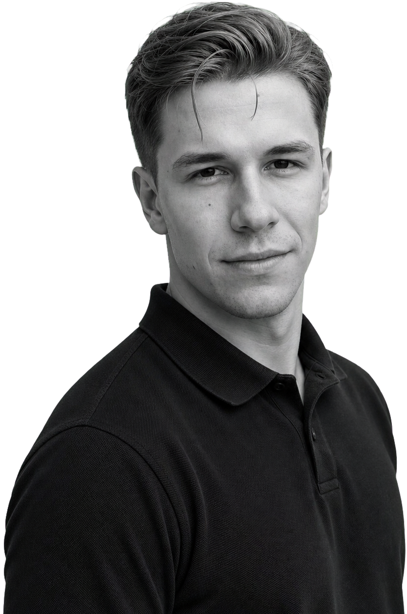 Black and white portrait of Nikita Golubev in a dark polo shirt